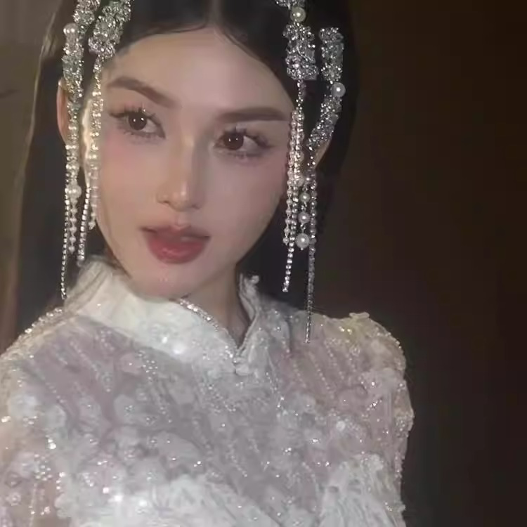 新中式银色满钻珍珠流苏刘海边夹