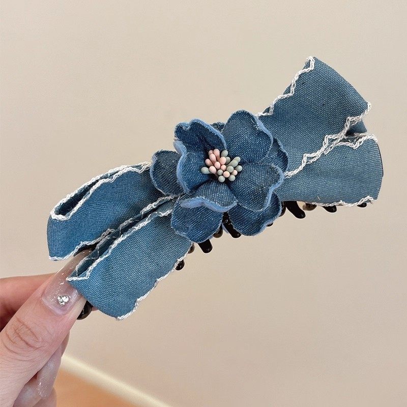 可爱风牛仔布艺花朵发夹女蝴蝶结气质发卡香蕉夹头饰