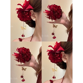 娇艳涟漪 氛围感红色花朵蝴蝶流苏发夹夏日海边侧边夹子盘发头花