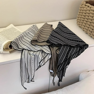 复古文艺条纹棉麻丝巾女出游护颈装饰三角巾系脖领巾日韩百搭围脖