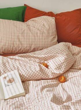 撞色复古圣诞红色小格子全棉水洗棉四件套32s色织水洗棉条纹床笠