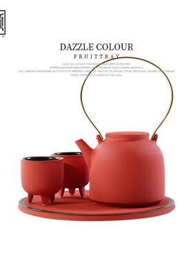 新中式样板房客厅茶几茶具茶室摆台红色陶瓷茶壶茶杯套装组合摆件