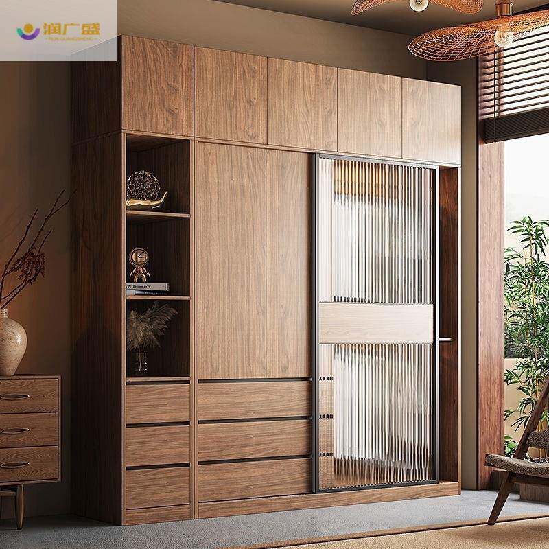 滑门原木色成品衣橱北欧推拉门衣柜家用卧室小户型组合玻璃移柜子