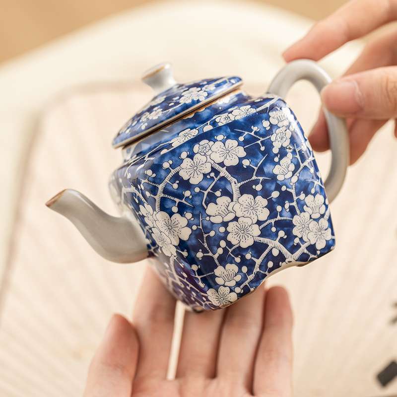 汝窑冰梅青花四方壶茶壶泡茶高档茶具中式功夫迷你小壶可开片