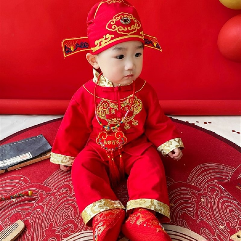 婴儿唐装夏季薄款纯棉p宝宝红色衣服满月百岁服周岁礼服男女套装