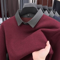 2024新款假两件衬衫领本命年毛衣秋冬季爸爸P装加绒羊毛红色上衣
