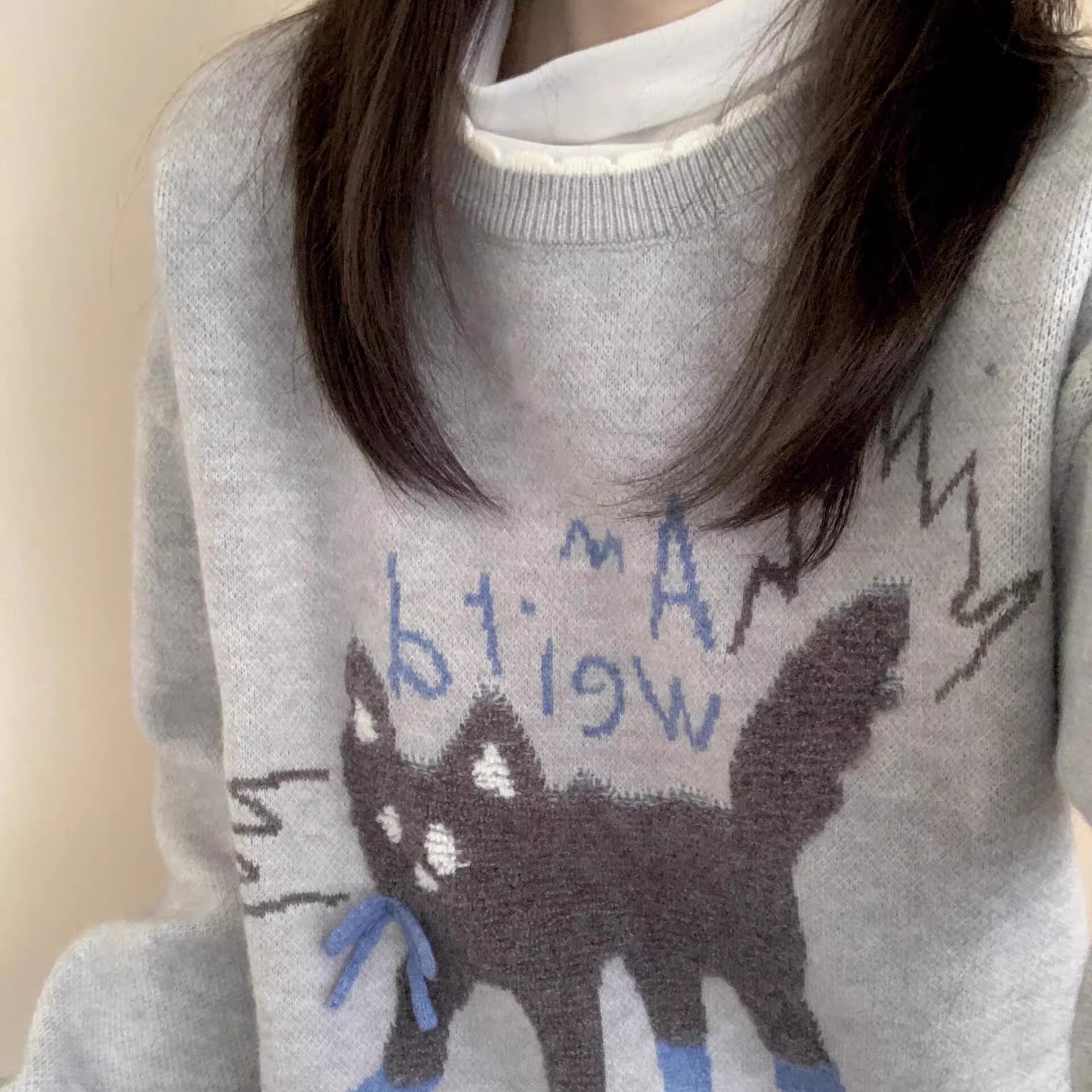 韩系慵懒风毛衣小猫提花套头针织衫软糯灰色可爱秋冬季女内搭上衣