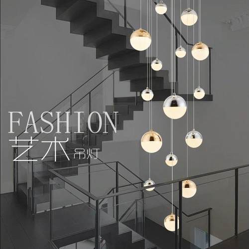 复式楼梯客厅餐厅大吊灯北欧现代简约挑空大厅圆球别墅公寓长吊灯