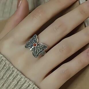 新品复古镂空南红蝴蝶戒指花丝镂空做旧新中式女掐丝小众可调节