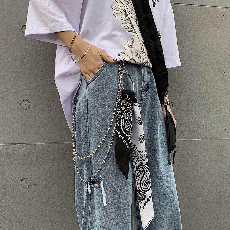 复古嘻哈韩版花丝巾双层链条INS原宿bf风超火腰扣双色腰套装男女