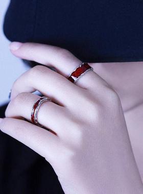 新款戒指女潮开口可调节滴胶ins小众设计纹理感情侣冷淡风食指戒