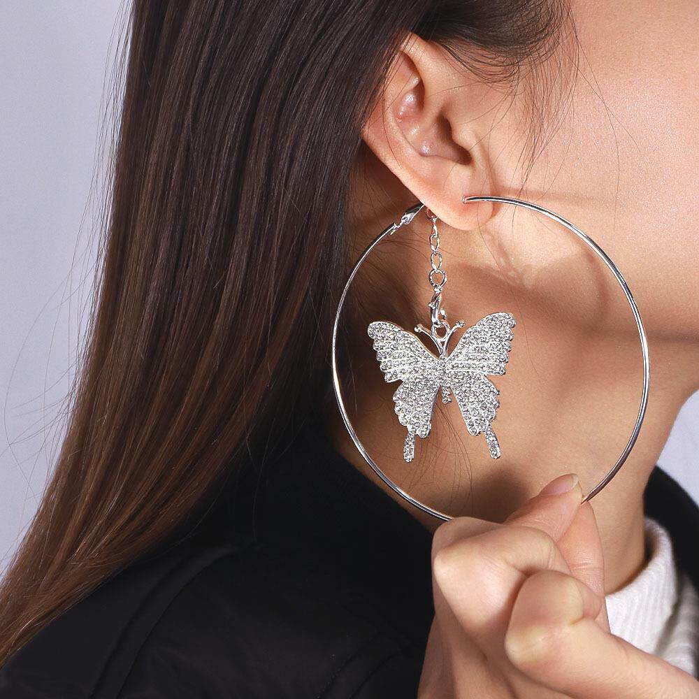 夏季新品镂空圆圈耳环蝴蝶满钻吊坠耳环女款时尚百搭耳饰earrings