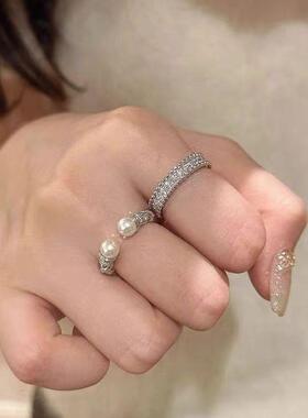 法式素圈中古风麻花珍珠开口食指戒指女小众轻奢时尚没钻宽版指环