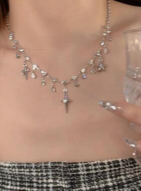 四芒星闪钻水滴项链跨境热销轻奢高级感设计十字架流苏锁骨链颈链