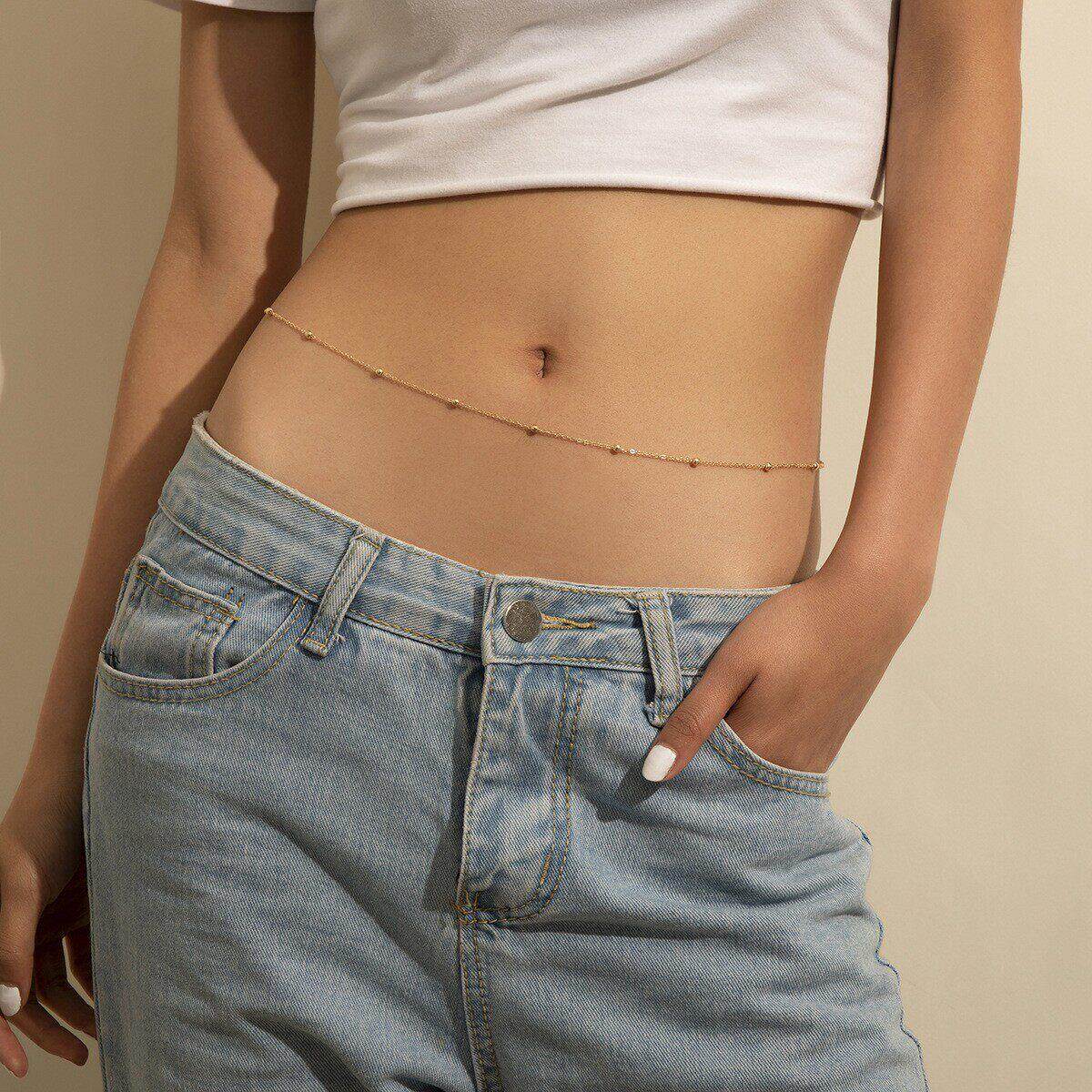 时尚金属细链条腰链女欧美夏季沙滩性感几何圆珠层身体链细闪