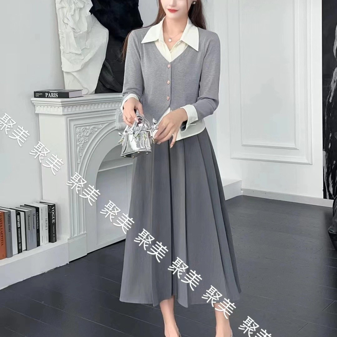 高端气质套装女2024秋新款学院风高腰显瘦百褶长裙拼接开衫两件套