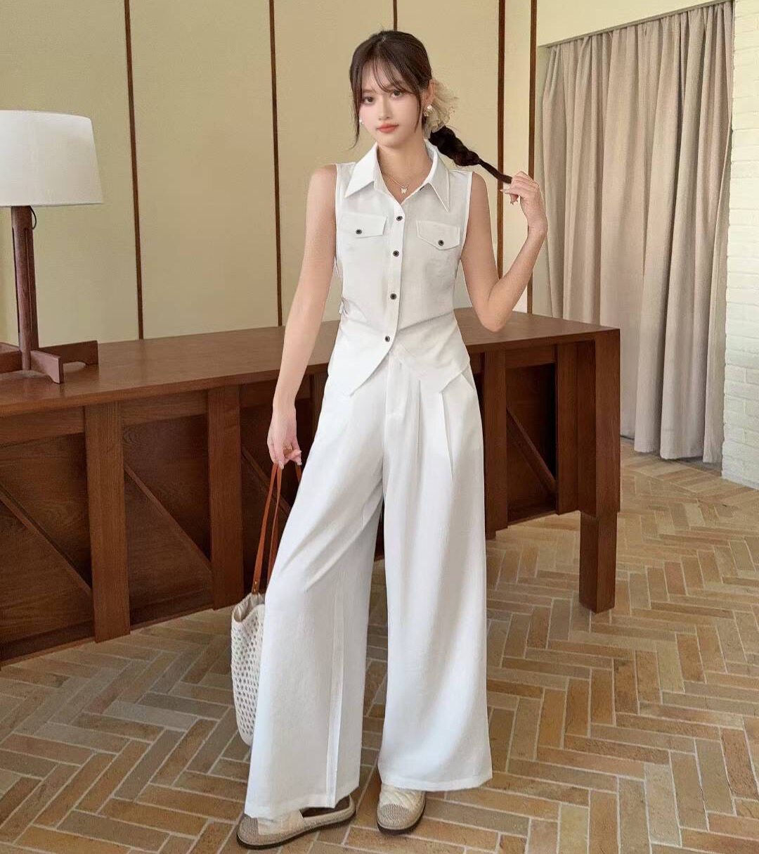 港风辣妹polo领无袖马甲衬衫女高腰阔腿裤气质小心机两件套夏季潮