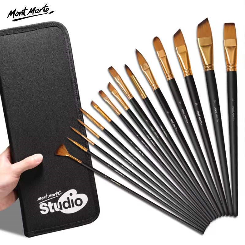 蒙玛特油画笔套装圆头12支尼龙毛丙烯水粉排笔15支画笔包