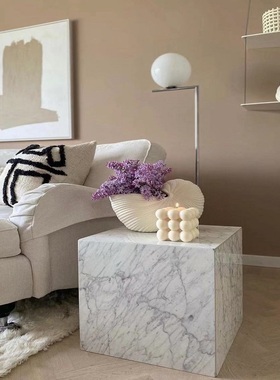 轻奢大理石卡白底座柱子石墩家居玄关电视柜酒店商场落地方柱摆件