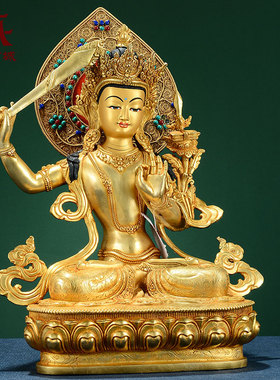 尼泊尔手工《文殊菩萨》宝石镶嵌家用《文殊普贤》桌面铜像摆件