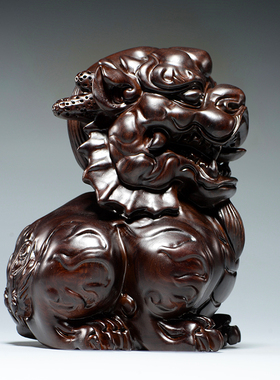 黑檀木质麒麟雕刻摆件家居客厅办公室玄关摆设装饰工艺品开业送礼