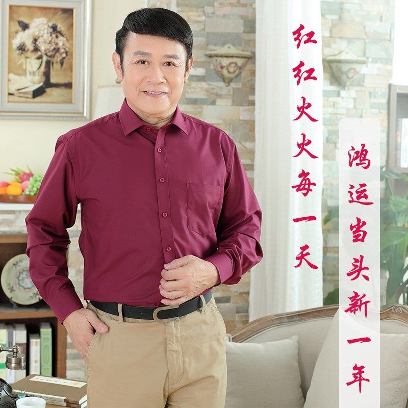 中年爸爸款男士商务长袖衬衫宽松平摆男人衬衣老年人衣服夏装上衣