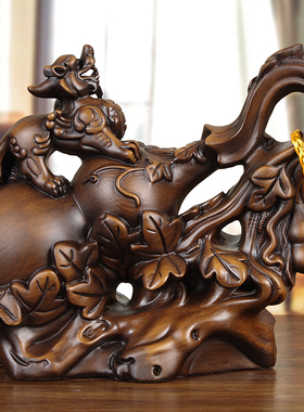 实木雕招财葫芦摆件木质中式貔貅祝寿礼品客厅玄关电视柜装饰摆设