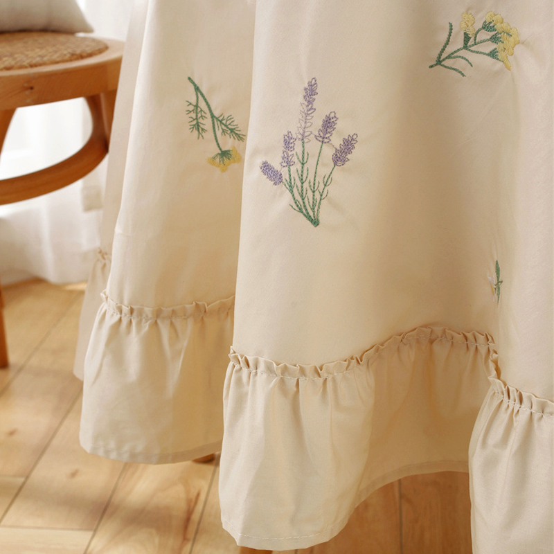 简约法式圆桌布杏色绣花裙摆边褶皱荷叶木耳边圆形茶几台布餐桌布