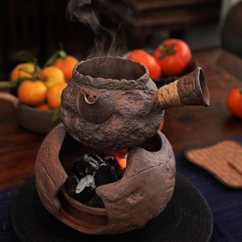 岩泥粗陶石头肌理侧把煮茶壶罐罐壶中式围炉煮茶炭火烧水家用单壶