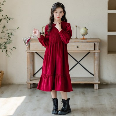 女童连衣裙秋冬款轻奢小众高端红色裙子中大童长裙女孩礼服公主裙