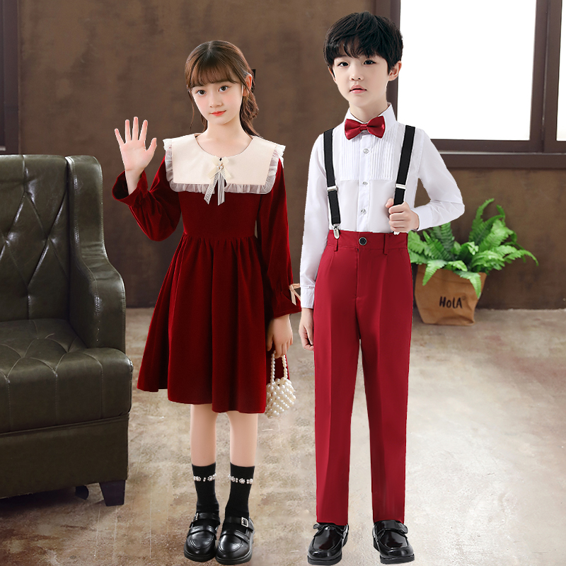 元旦儿童演出服小学生合唱男女童红色舞蹈裙诗歌朗诵礼服表演服装