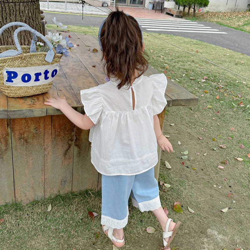 女童花边衬衣短袖牛仔裤套装夏装薄款2024款宝宝夏季娃娃衫两件套