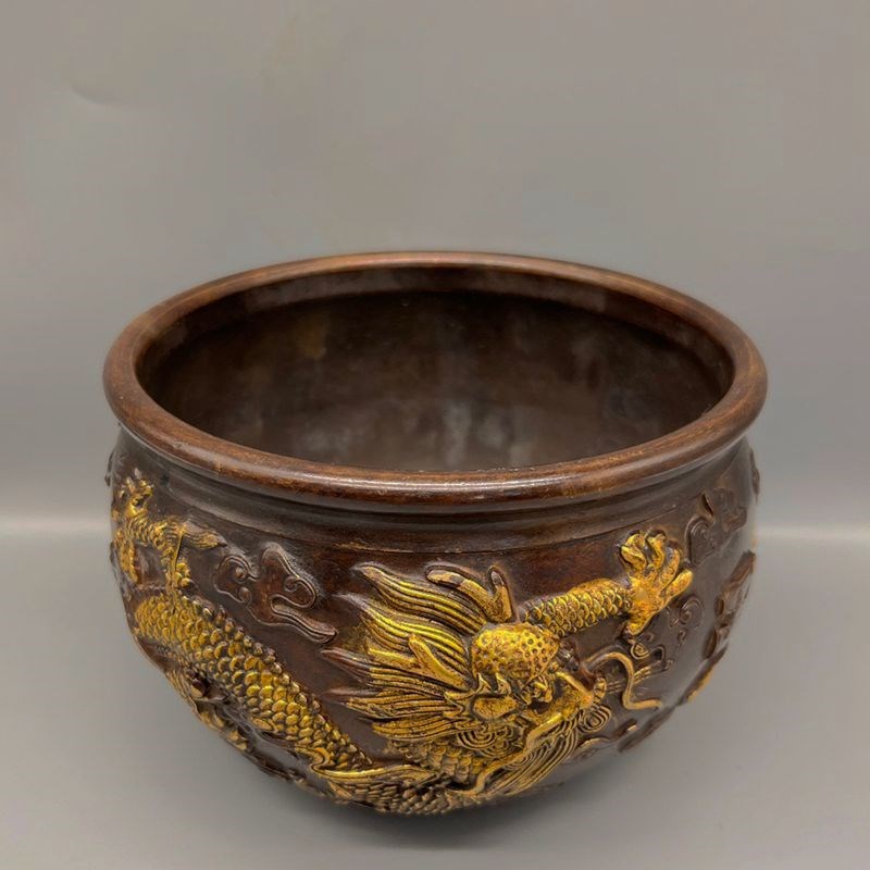 仿古纯铜鎏金双龙戏珠招财缸铜器工艺品家居办公室装饰礼品摆件