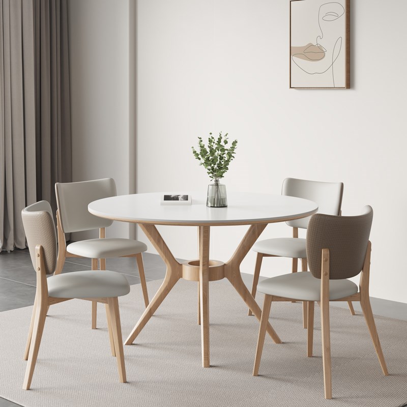 明匠轩家居岩板实木北欧风原木色圆形餐桌椅组合家用小户型吃饭桌