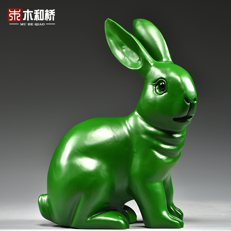 绿色木雕兔子摆件雕刻工艺品家居客厅玄关木质动物生肖兔装饰摆设