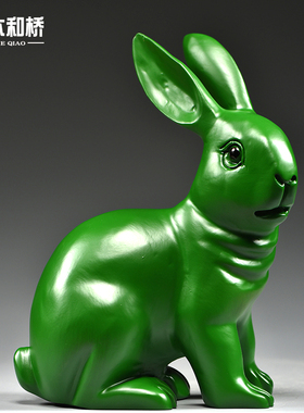 绿色木雕兔子摆件雕刻工艺品家居客厅玄关木质动物生肖兔装饰摆设