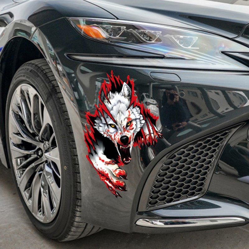 汽车划痕遮挡贴纸血狼头画车身刮痕装饰贴网红个性创意3D立体车贴
