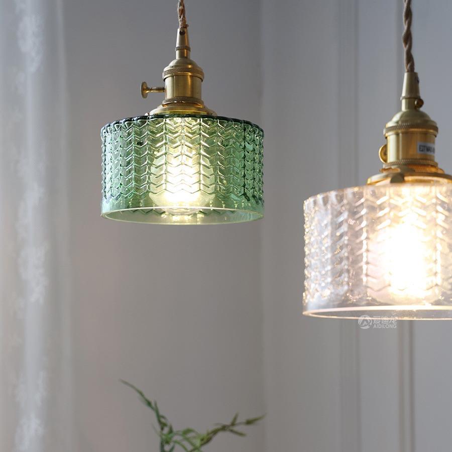 日式复古黄铜玻璃极简民宿卧室过道灯阳台吧台酒吧单头绿色小吊灯