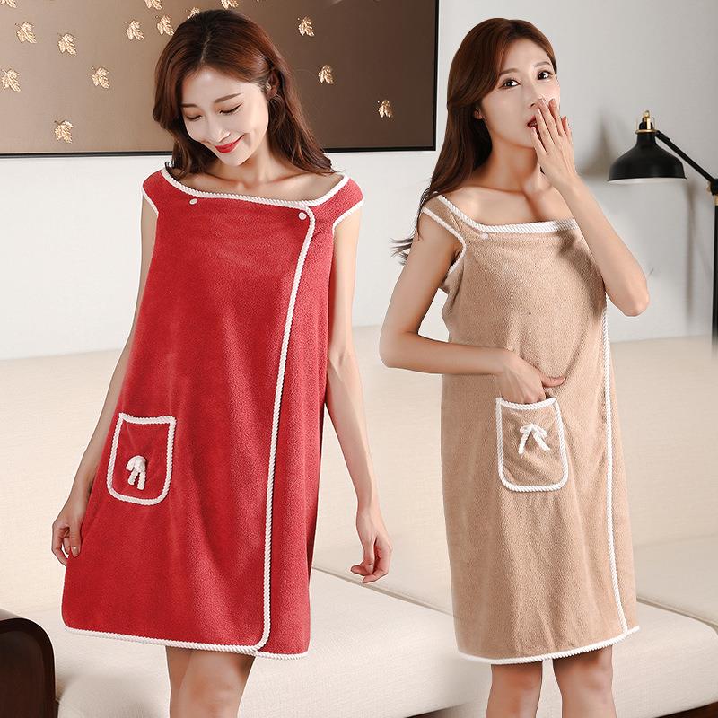 珊瑚绒花边百变可穿成人女吊带浴裙抹胸浴袍大浴巾柔软吸水