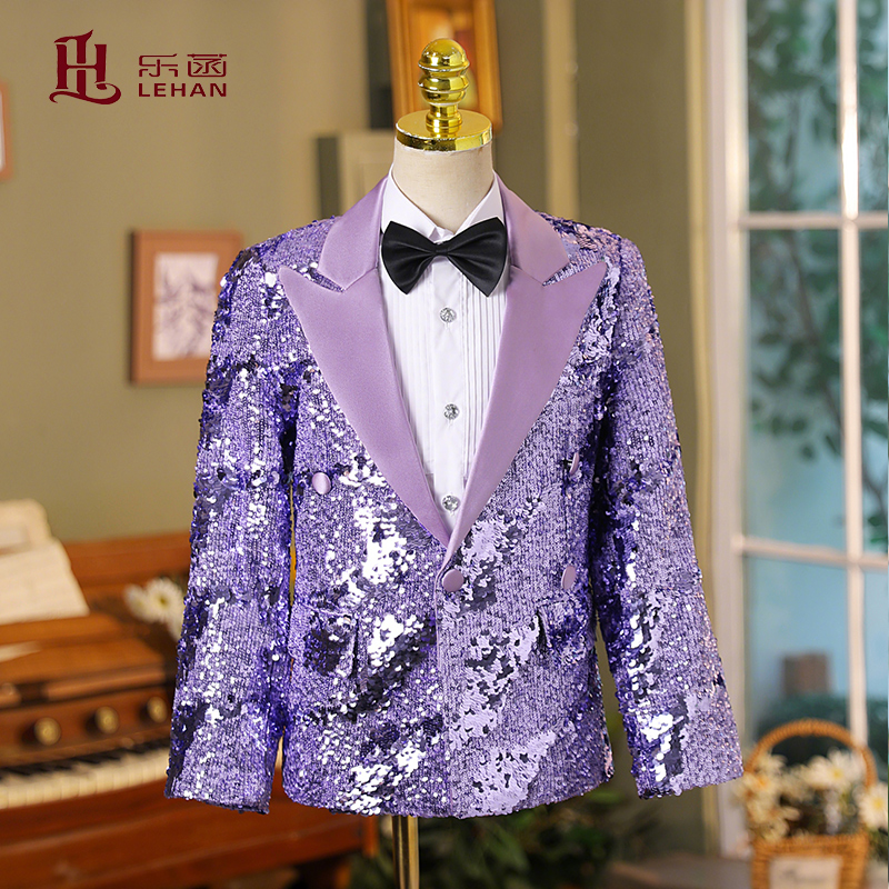 乐菡儿童演出服男童紫色亮片礼服