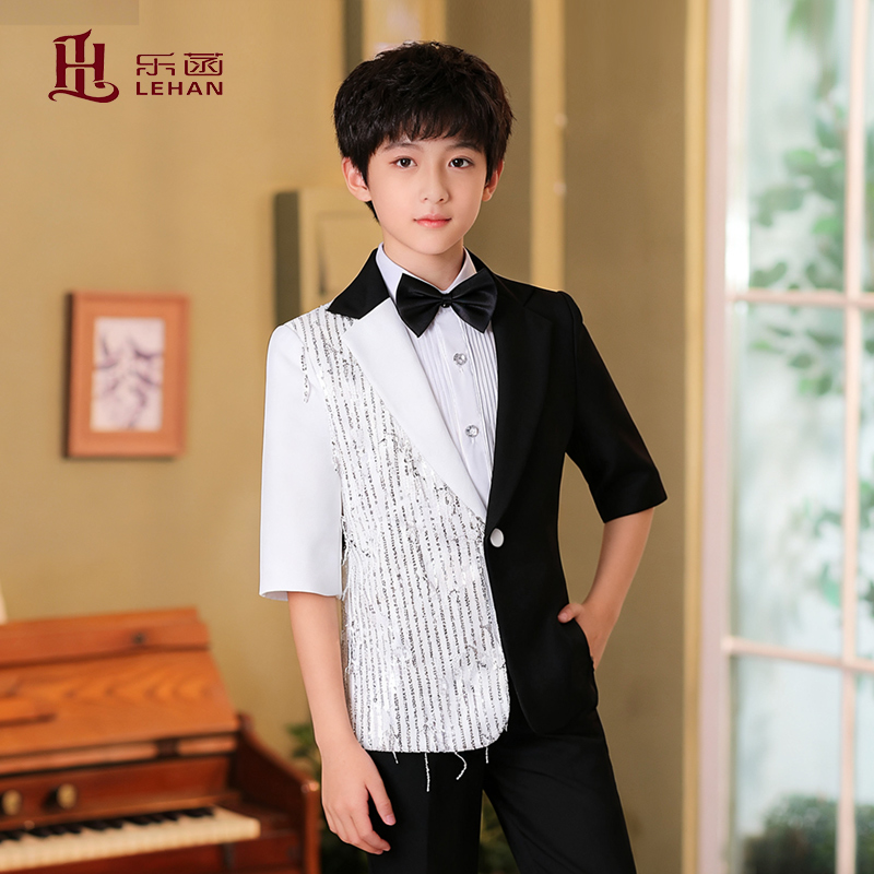 男童短袖礼服黑白撞色西装套装