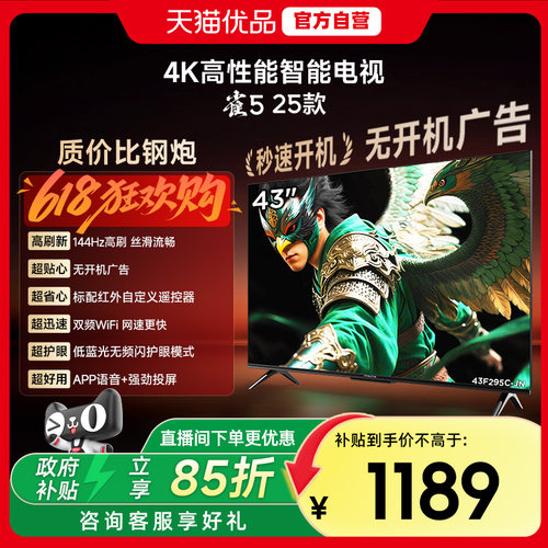 雷鸟 雀5 25款 43英寸 4K四核机芯双频Wi-Fi平板电视43F295C-JN