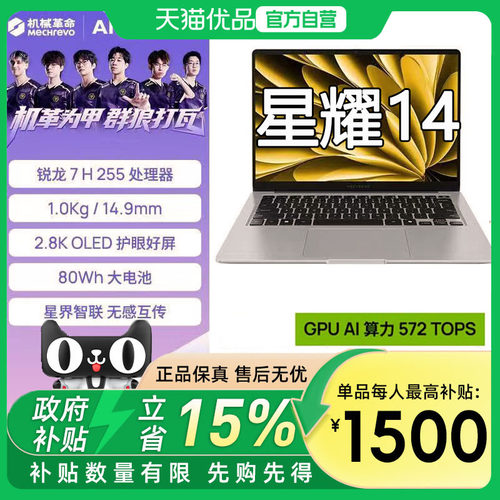 机械革命 星耀14 R7/H255/32G/1TB/钛银 超薄轻量长续航 学生办公居家电脑