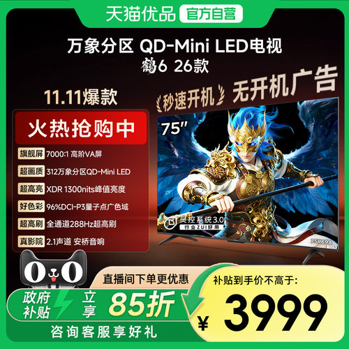 雷鸟鹤6 26款 75英寸MiniLED分区4K 288Hz超高刷平板电视机75R69A