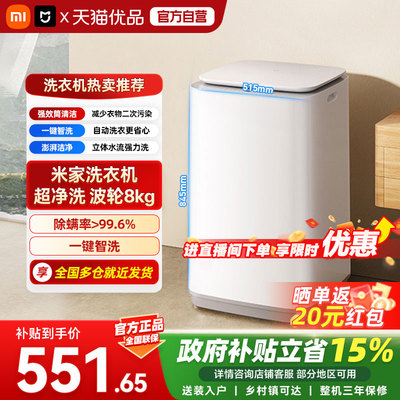 小米波轮洗衣机超净洗波轮8kg 一级能效 一键智洗 大容量租房A