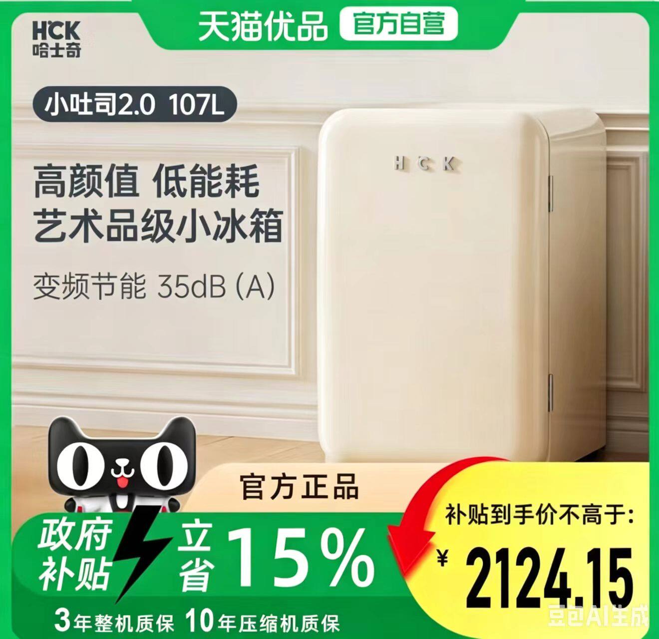 哈士奇小吐司2.0复古冰箱107升冷冻冷藏冰吧一级能效RC-130D-SK