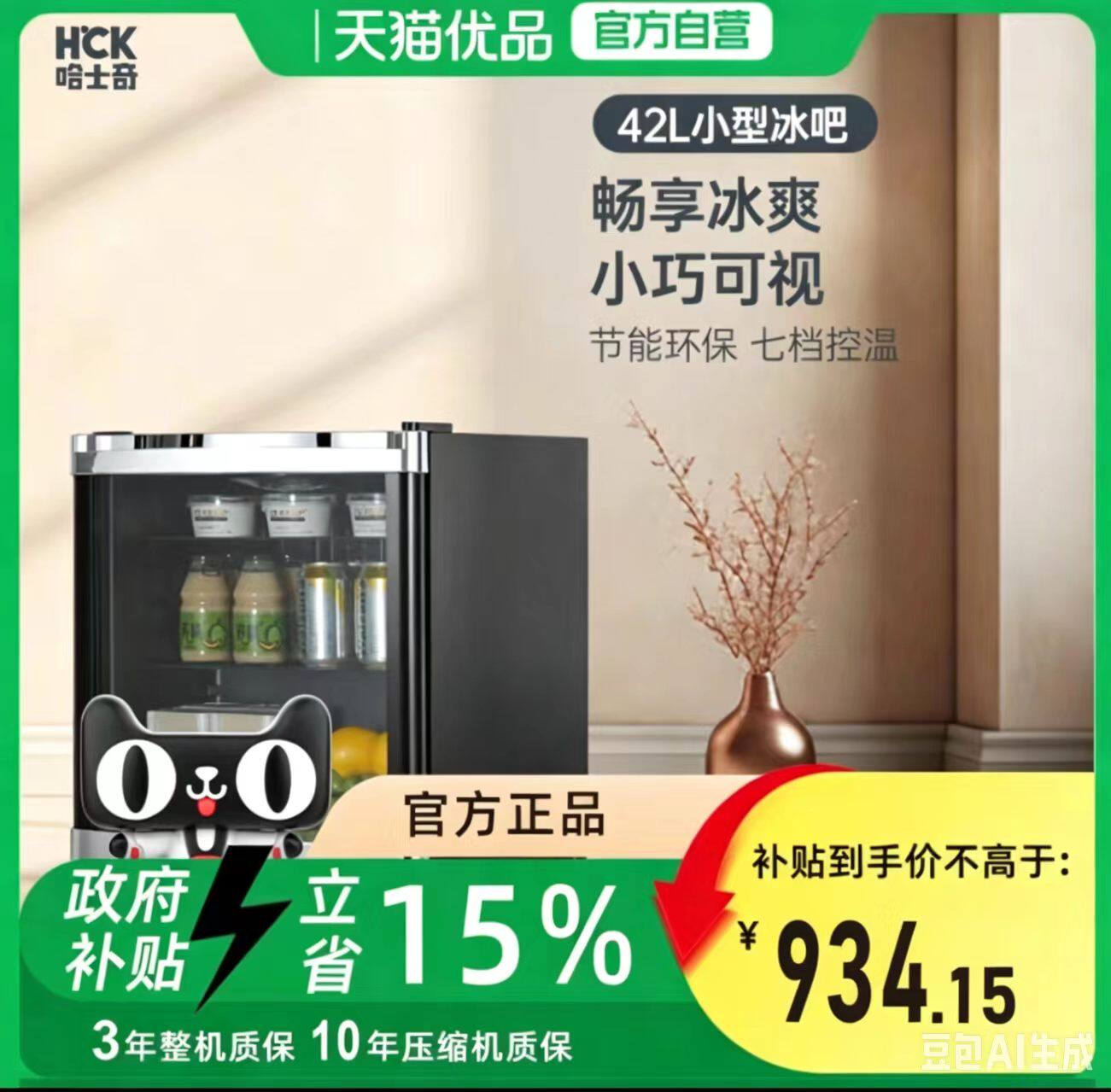 HCK哈士奇42升玻璃门小冰箱冷藏保鲜冰吧办公室酒店宿舍 SC-46BBA