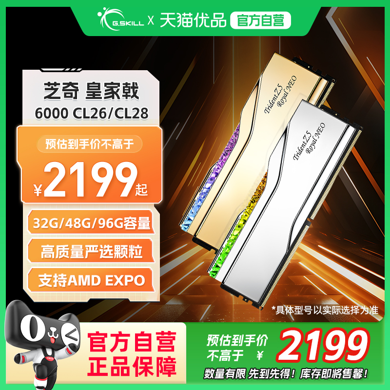 芝奇皇家戟DDR5内存条RGB灯条6000/8000 24G*2 C28时序AMD EXPO