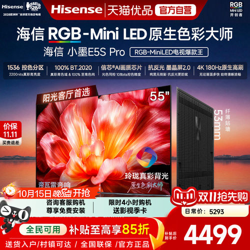 海信RGB-MiniLED电视小墨55E5S Pro 玲珑真彩背光 墨晶屏2.0信芯