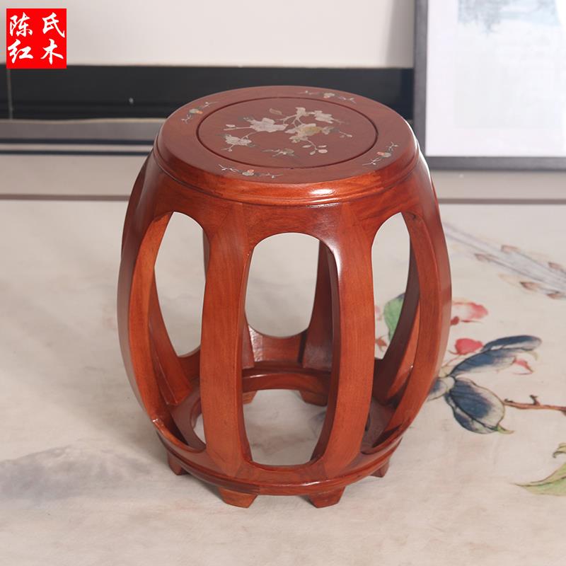 红木鼓凳 圆凳 实木凳子 花梨木印花矮凳 换鞋凳 古筝凳 包邮到家